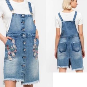 POL Denim Floral Embroidered Overalls Mini Dress Size M